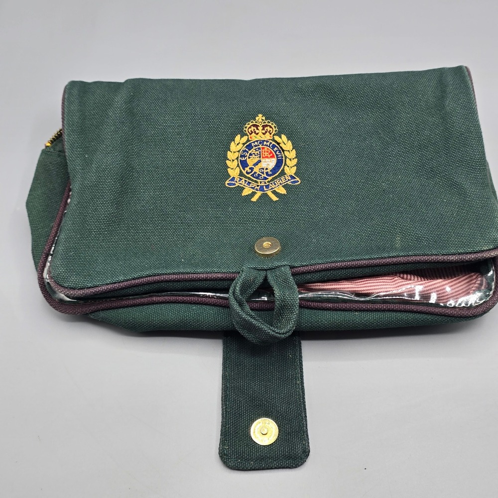 Ralph Lauren Green Canvas Crest Toiletry Bag Travel Organizer Makeup Vintage